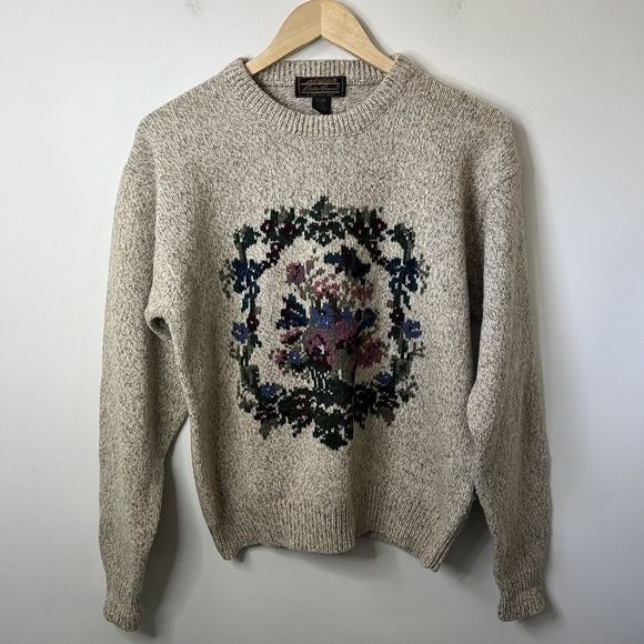 Eddie Bauer Sweaters - Vintage Eddie Bauer Wool Sweater Large Crewneck Floral Knit Boho Cottagecore